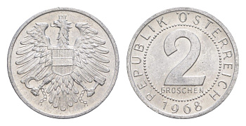Австрия 2 гроша 1968 KM 2876 алюминий aUNC 4564-724