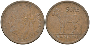 Норвегия 5 эре 1961 лось, Улаф V (1958 - 1991) KM 405 бронза 4119-446