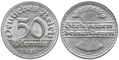 ГЕРМАНИЯ 50 ПФЕННИГОВ 1921 D KM 27, J. 301 алюминий 24-1022