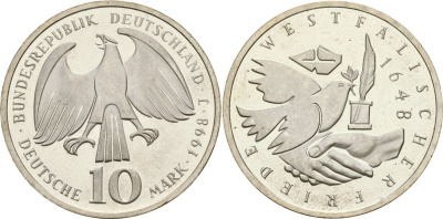 ФРГ 10 марок 1998 D, 350 лет Вестфальскому мирному договору KM 191 серебро UNC 02-222-34