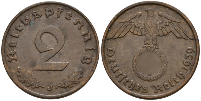 Германия 2 рейхспфеннига 1939 J KM 90, J. 362 бронза 4151-153