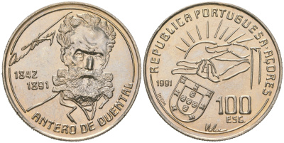 Португалия, Азорские острова 100 эскудо 1991 100 лет со дня смерти Антеру де КенталАвтономный регион Асориш,  KM 46 медно-никель  UNC   4140-424