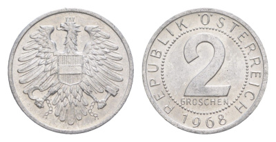 Австрия 2 гроша 1968 KM 2876 алюминий aUNC 4564-724
