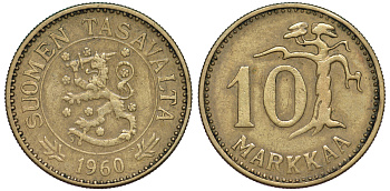 ФИНЛЯНДИЯ 10 МАРОК 1960 S KM 38 алюминиевая бронза 3334-1018
