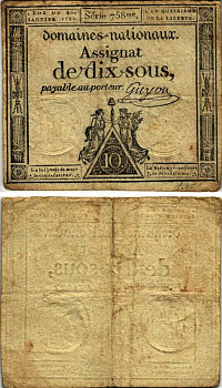 ФРАНЦИЯ 10 СОЛЕЙ 1792 4 ЯНВАРЯ 1792, СЕРИЯ 758, ПЕРВЫЙ ВЫПУСК Pick А53 бумага 7183-42-2-1