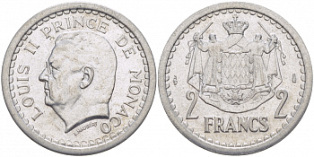 Монако 2 франка 1943 Луи II (1922-1949) KM 121 алюминий UNC 3457-534