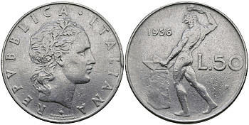 Италия 50 лир 1956 R, бог огня Вулкан у наковальни KM 95.1 нержавеющая сталь 98-155