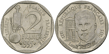 Франция 2 франка 1995 100 лет со дня смерти Луи Пастера KM 1119 никель 4168-613