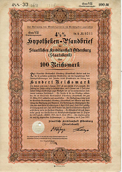 Германия 100 рейхсмарок 1937 Государственное кредитное учреждение Ольденбурга (Государственный банк), ипотечный залог под залог 4-1/2%, облигация   бумага   8802-27-1