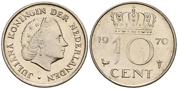 Нидерланды 10 центов 1970 Юлиана (1948-1980) KM 182 никель 4598-312