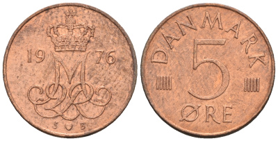 Дания 5 эре 1976 S; B, Маргрете II (1972- ) KM 859.1 железо плакированное медью 54-1052