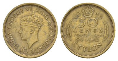 Цейлон 50 центов 1943 KM 116 никель латунь 25-544