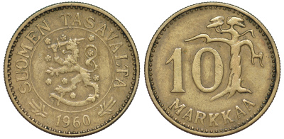 ФИНЛЯНДИЯ 10 МАРОК 1960 S KM 38 алюминиевая бронза 3334-1018