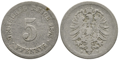 ГЕРМАНИЯ 5 ПФЕННИГОВ 1875 F, СТАРОГЕРБОВКА KM 3, J. 3 медно-никель 39-329