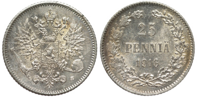 Россия для Финляндии 25 пенни 1916 S, Николай II (1894-1917) KM 6.2, Биткин 421 серебро 75-1237