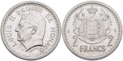 Монако 2 франка 1943 Луи II (1922-1949) KM 121 алюминий UNC 3457-534