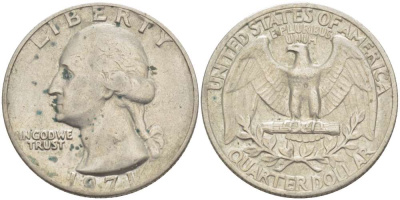 США 25 центов (квотер) 1971 Вашингтон KM 164а медь плакированная медно-никелем 216-1053