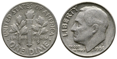 США 10 ЦЕНТОВ = 1 ДАЙМ 1969 D, РУЗВЕЛЬТ KM 195а медь плакированная медно-никелем 37-233