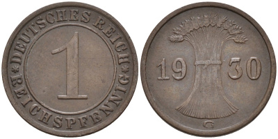 Германия 1 рейхспфенниг 1930 G KM 37, J.313, Weege 2 медь 4585-619