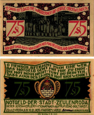 ЦОЙЛЕНРОДА 75 ПФЕННИГОВ 1921 31 ДЕКАБРЯ 1921, НОТГЕЛЬД, ЗЕМЛЯ ТЮРИНГИЯ Keller 1470.2 бумага 6318-26-1-2