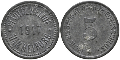 ХАММЕЛЬБУРГ 5 ПФЕННИГОВ 1917 НОТГЕЛЬД, ДЕЙСТВИТЕЛЕН 6 МЕСЯЦЕВ ПОСЛЕ ПОДПИСАНИЯ МИРНОГО ДОГОВОРА, ЗЕМЛЯ БАВАРИЯ цинк 4387-1019