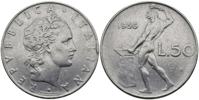 Италия 50 лир 1956 R, бог огня Вулкан у наковальни KM 95.1 нержавеющая сталь 98-155
