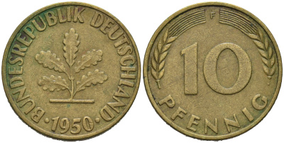 ФРГ 10 ПФЕННИГОВ 1950 F KM 108, J.383 сталь плакированная латунью 75-625