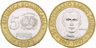 Доминиканская республика 5 песо 1997 50 лет центральному банку KM 88 биметалл 4541-1111