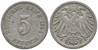 ГЕРМАНИЯ 5 ПФЕННИГОВ 1894 A KM 11, J. 12 медно-никель 39-713