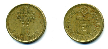 ПОРТУГАЛИЯ 10 ЭСКУДО 1987 KM 633 никель латунь 25-313