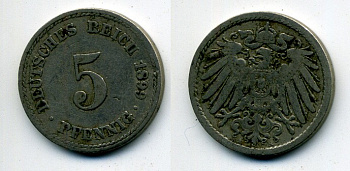 ГЕРМАНИЯ 5 ПФЕННИГОВ 1899 A, KM 11, J. 12 медно-никель 58-224