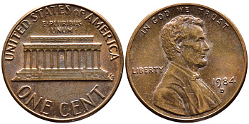 США 1 ЦЕНТ 1984 D, ЛИНКОЛЬН KM 201b цинк плакированный медью 4178-252
