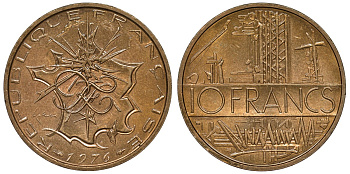 Франция 10 франков 1976 тип Матье KM 940, Le Franc 365.7-8 никель латунь 4123-615