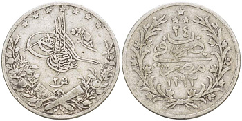 Египет 2 гирша 1898 W, АН 1293, год 24, Абдул-Хамид II (1876-1909), Османская империя KM 293 серебро 4525-456