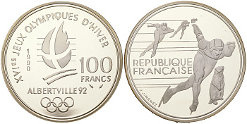 Франция 100 франков 1990 XVI Зимние Олимпийские игры 1992 в Альбервиле, конькобежный спорт KM 980 серебро  PROOF  11-082-43