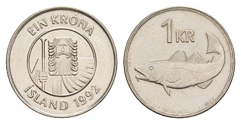 Исландия 1 крона 1992 треска KM 27a сталь плакированная никелем UNC 4635-111