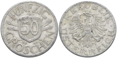 Австрия 50 грошей 1946 первый год KM 2870 алюминий 4448-214