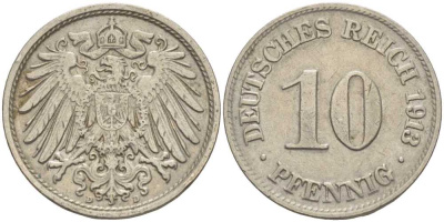ГЕРМАНИЯ 10 ПФЕННИГОВ 1913 D KM 12, J. 13 медно-никель 33-711