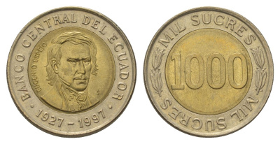 Эквадор 1000 сукре 1997 70 лет Центробанку KM 103 биметалл UNC 4626-425