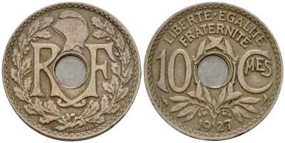 Франция 10 сантимов 1927 KM 866a медно-никель 4601-717
