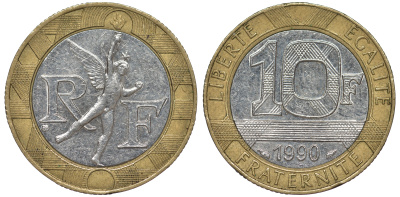 Франция 10 франков 1990 тип Гений Бастилии KM 964.1, Le Frank 375.5 биметалл 45-815