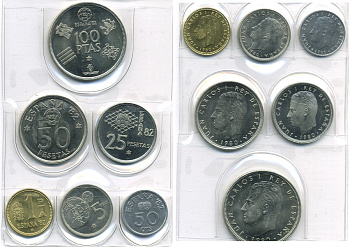 Испания официальный набор из 6 монет (50 сентимов; 1, 5, 25, 50 и 100 песет) 1980 чемпионат мира по футболу в Испании 1982 года KM MS11 (815, 816, 817, 818, 819 и 820)  UNC 7-5-6-23