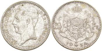 Бельгия 20 франков 1934 Альберт I (1909-1934), Der Belgen KM 104.1 серебро 106-625