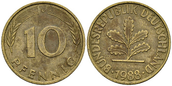 ФРГ 10 пфеннигов 1988 G KM 108 сталь плакированная латунью 4167-856
