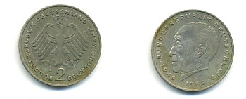 ФРГ 2 МАРКИ 1975 F АДЕНАУЭР KM 124 медно-никель плакированный никелем 54-2354