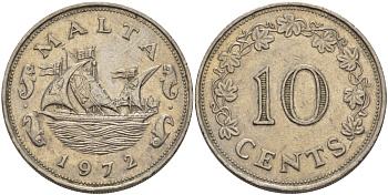 Мальта 10 центов 1972 баржа Великого магистра KM 11 медно-никель 82-331