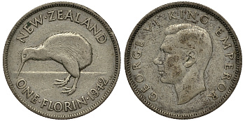 Новая Зеландия 1 флорин 1942 Георг VI (1936-1952), птичка киви KM 10.1 серебро 272-1534