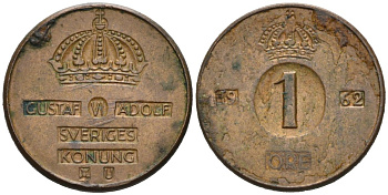 Швеция 1 эре 1962 U, Густав VI Адольф (1950-1973) KM 820 бронза 4564-733