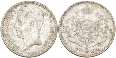 Бельгия 20 франков 1934 Альберт I (1909-1934), Der Belgen KM 104.1 серебро 106-625