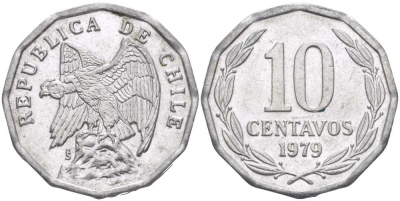 Чили 10 сентаво 1979 KM 205a алюминий 4402-435